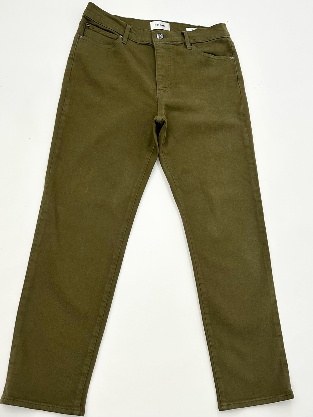 FRAME The Borrowed Jeans 29 Artichoke Olive Mid Rise Straight Boyfriend